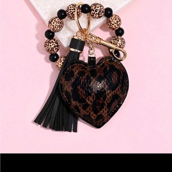 Accessories - Leopard Print Heart Keychain with Black Tassel